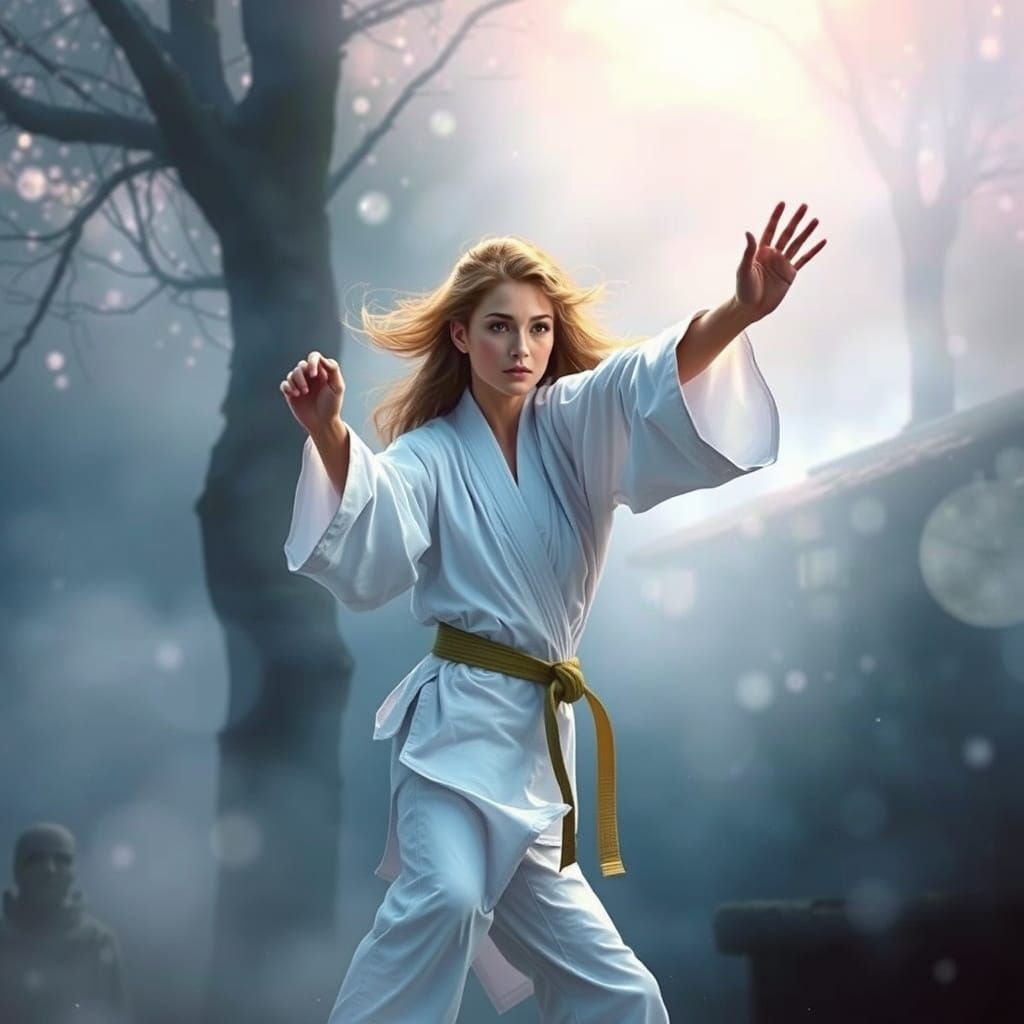 Ethereal Karate Woman in Dreamy Landscape