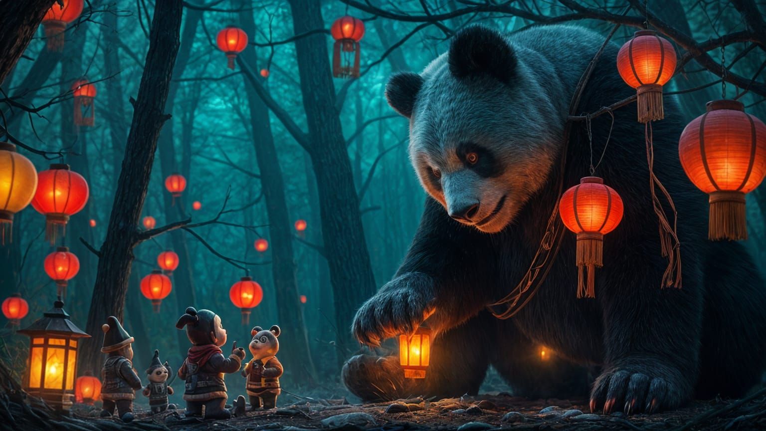 A Giant Panda Bear Gently Helps His Forest Gnome Friends Lig...