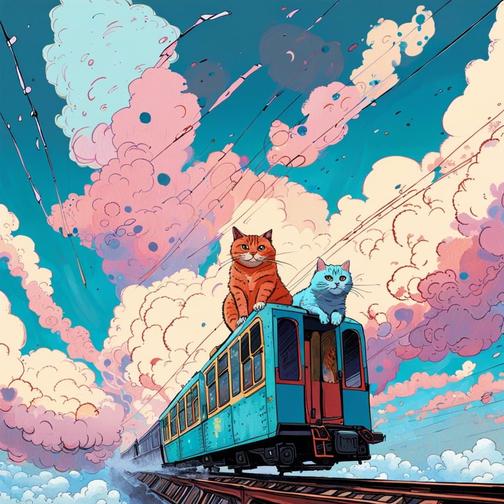 Fantasy Cat on Flying Train, Digital Painting