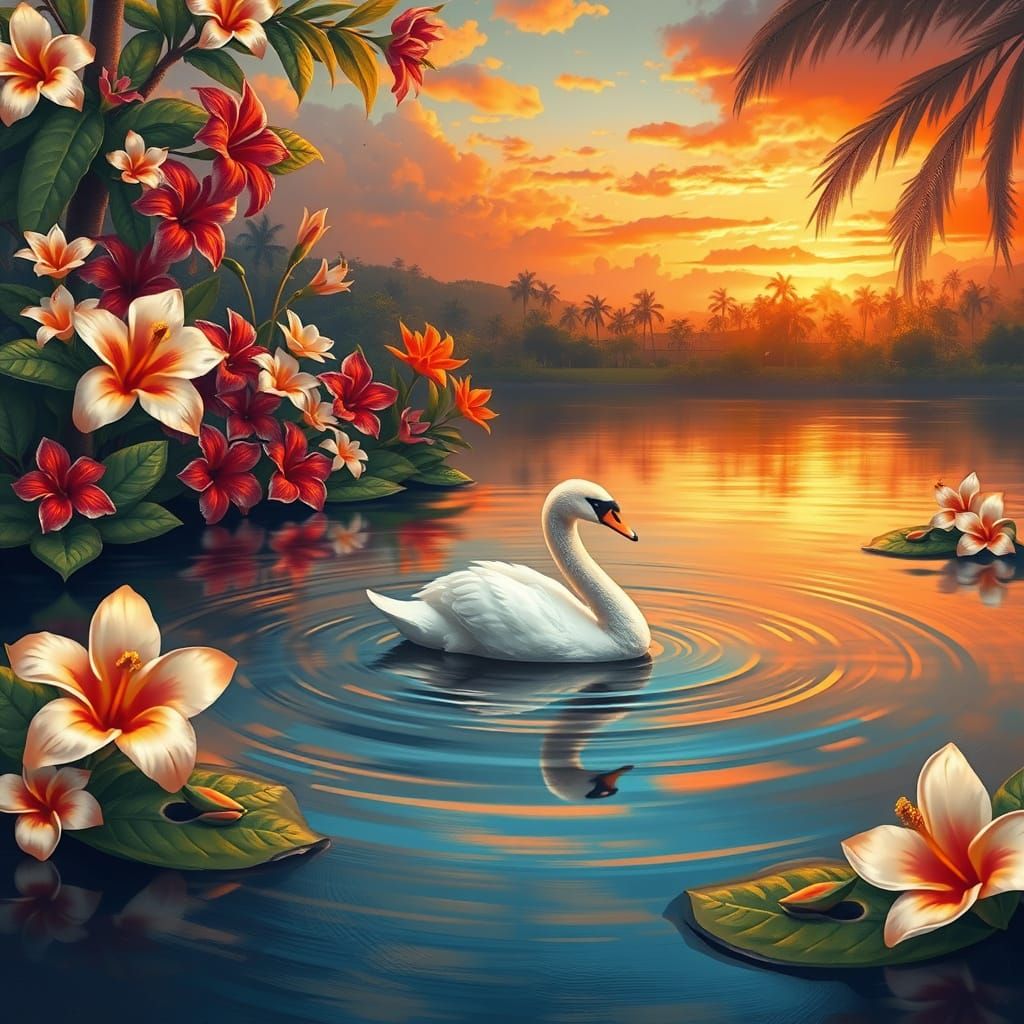 Swan, Lake, Tropical Flowers