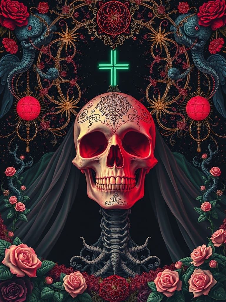 Gothic Neon Skull Amidst Psychedelic Opulence