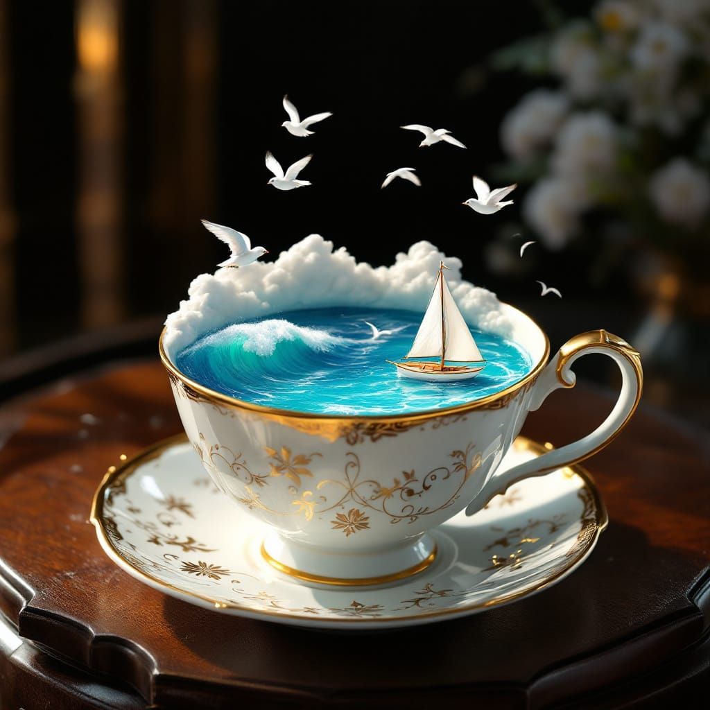 Ocean Diorama Inside Porcelain Teacup as Matte Painting