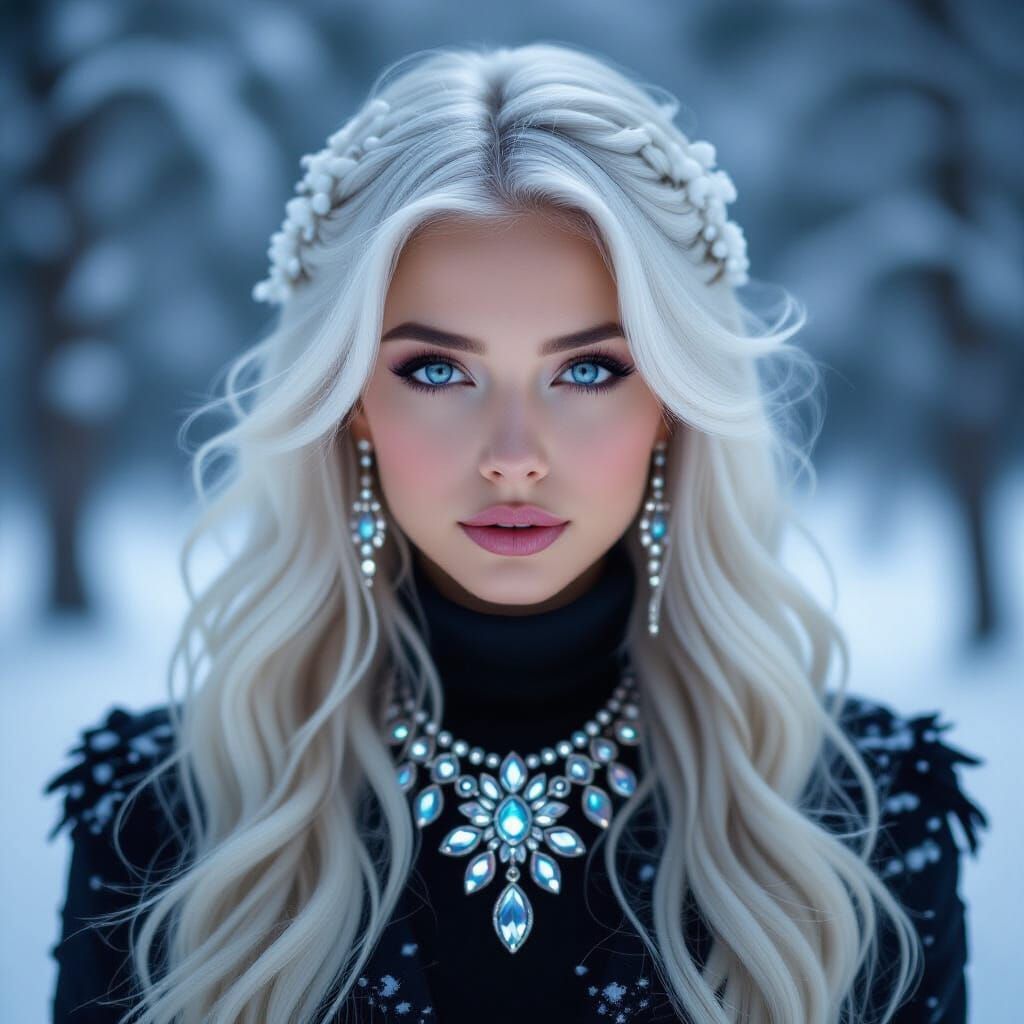 Alien Girl in Snowy Winter Forest with Jewelry