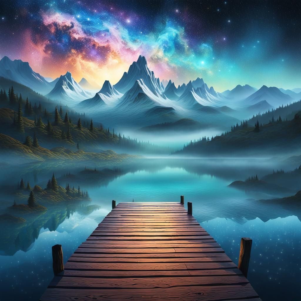 Cosmic Pier in Lake: Astral Visionary Art
