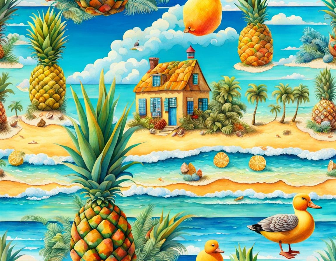 Whimsical Pineapple Beach Scene in Watercolor Style