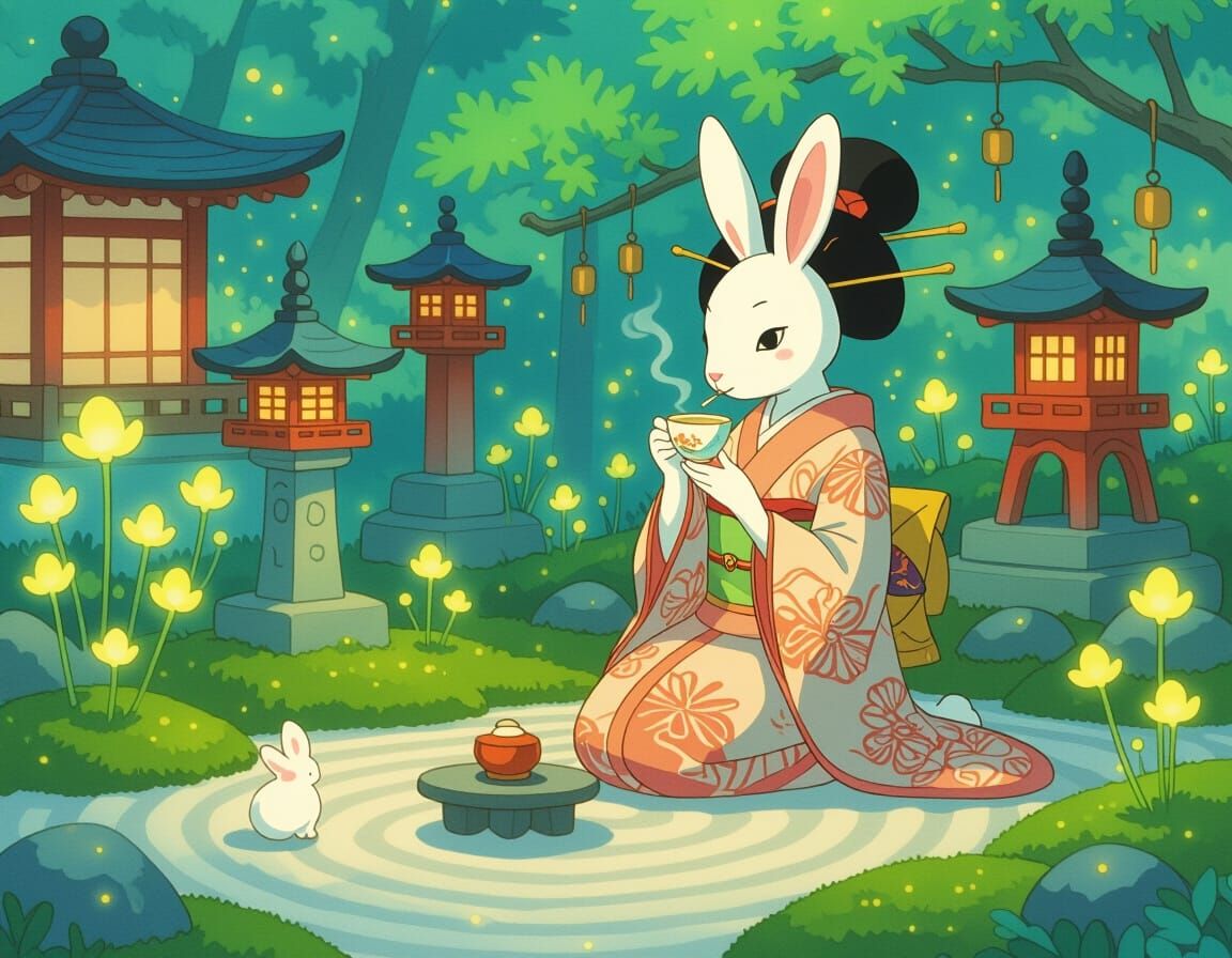 Rabbit Geisha in Zen Garden, Miyazaki Style