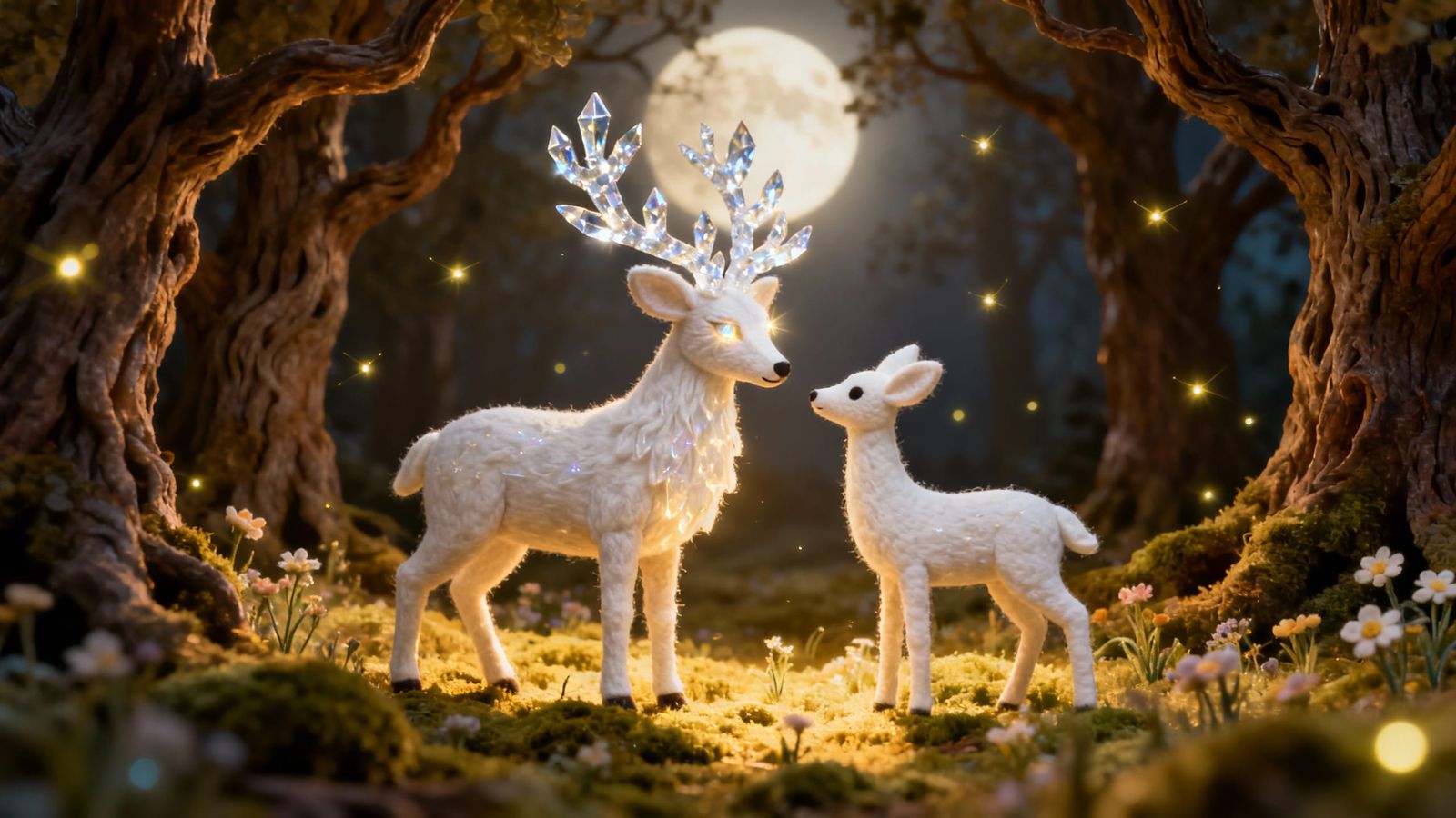 Crystal Antler Stag Meets Doe in Moonlit Forest