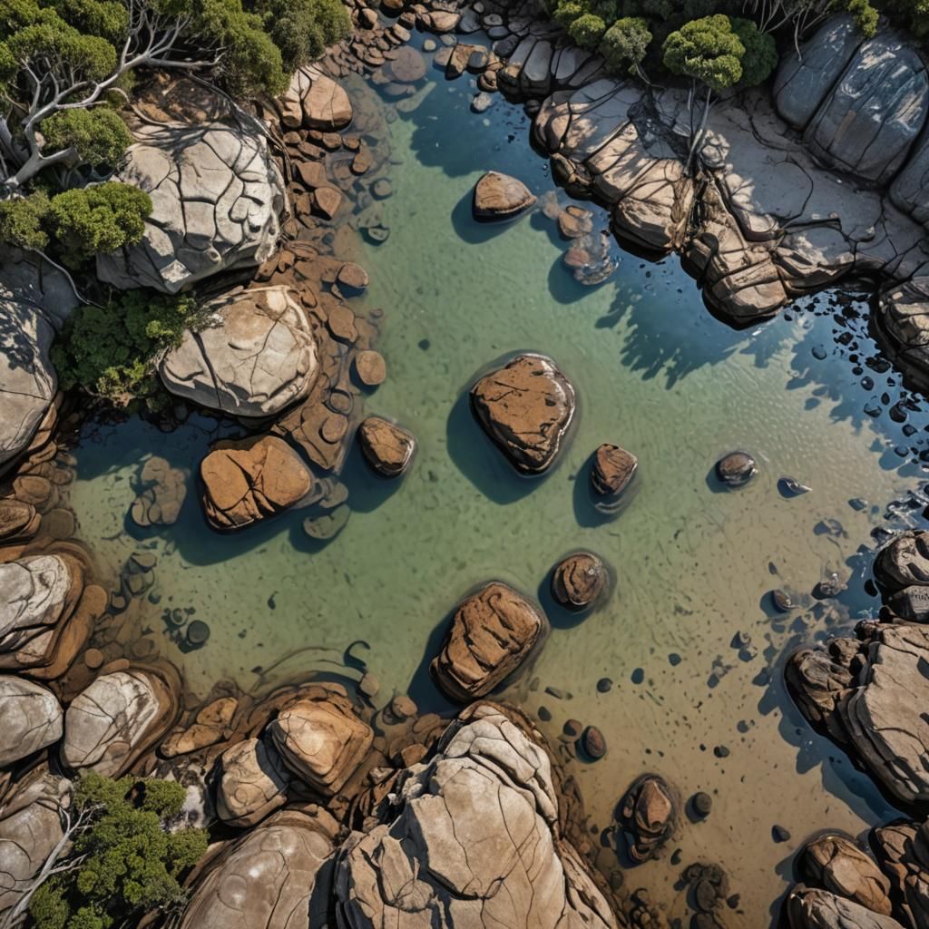 Hyperrealistic Rock Pools and Eucalyptus Trees at Beach
