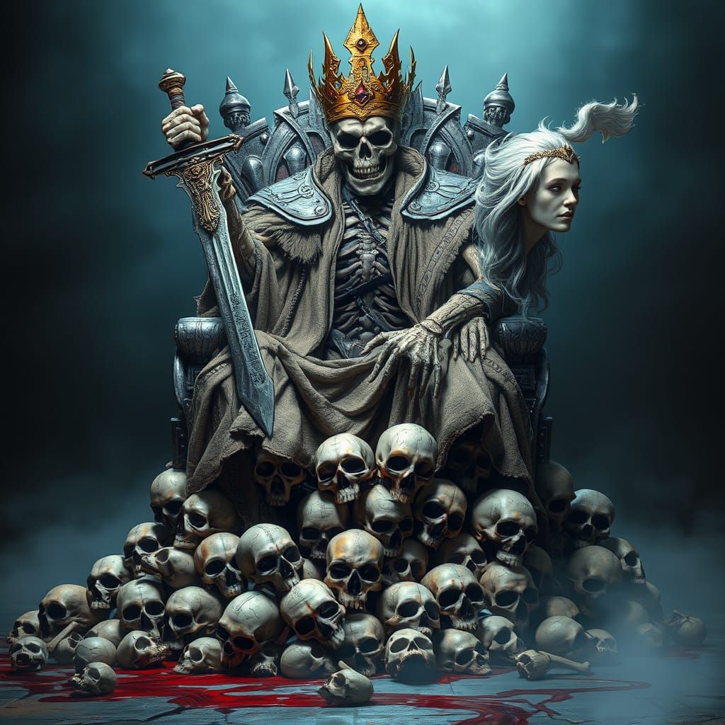 Skeletal King on Skull Throne with Angel's Head
