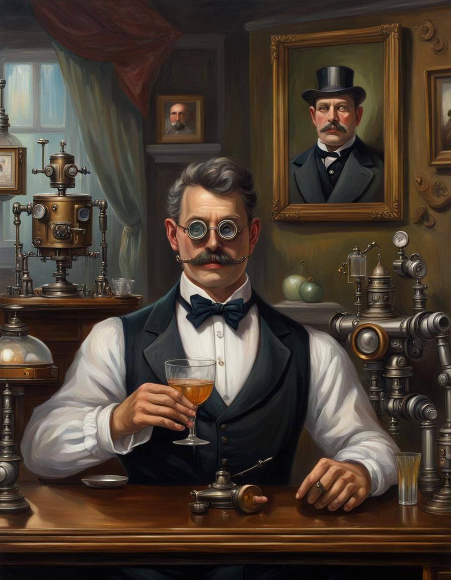 Steampunk Robot Butler in Victorian Parlor, Oil Painting