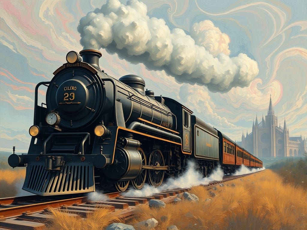 Art Deco Locomotive in Surreal Landscape