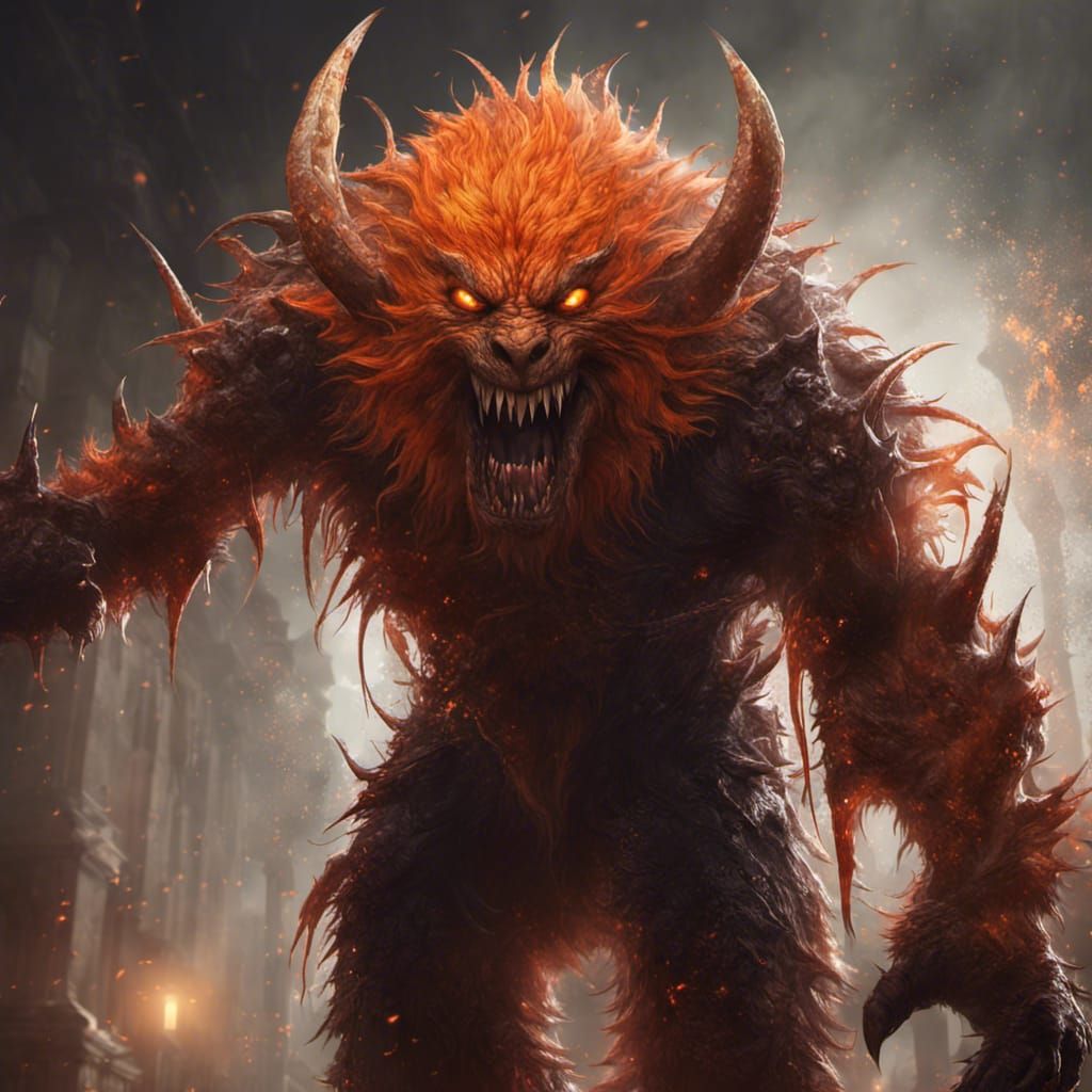 Furry Orange Monster with Bloody Claws in Dark Fantasy