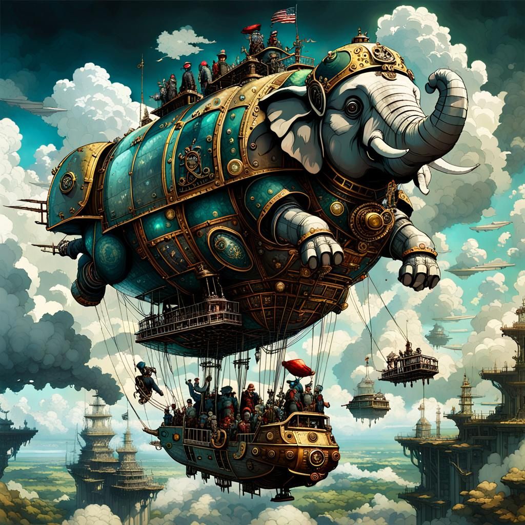 Robot Elephant Pirate Airship in Steampunk Style