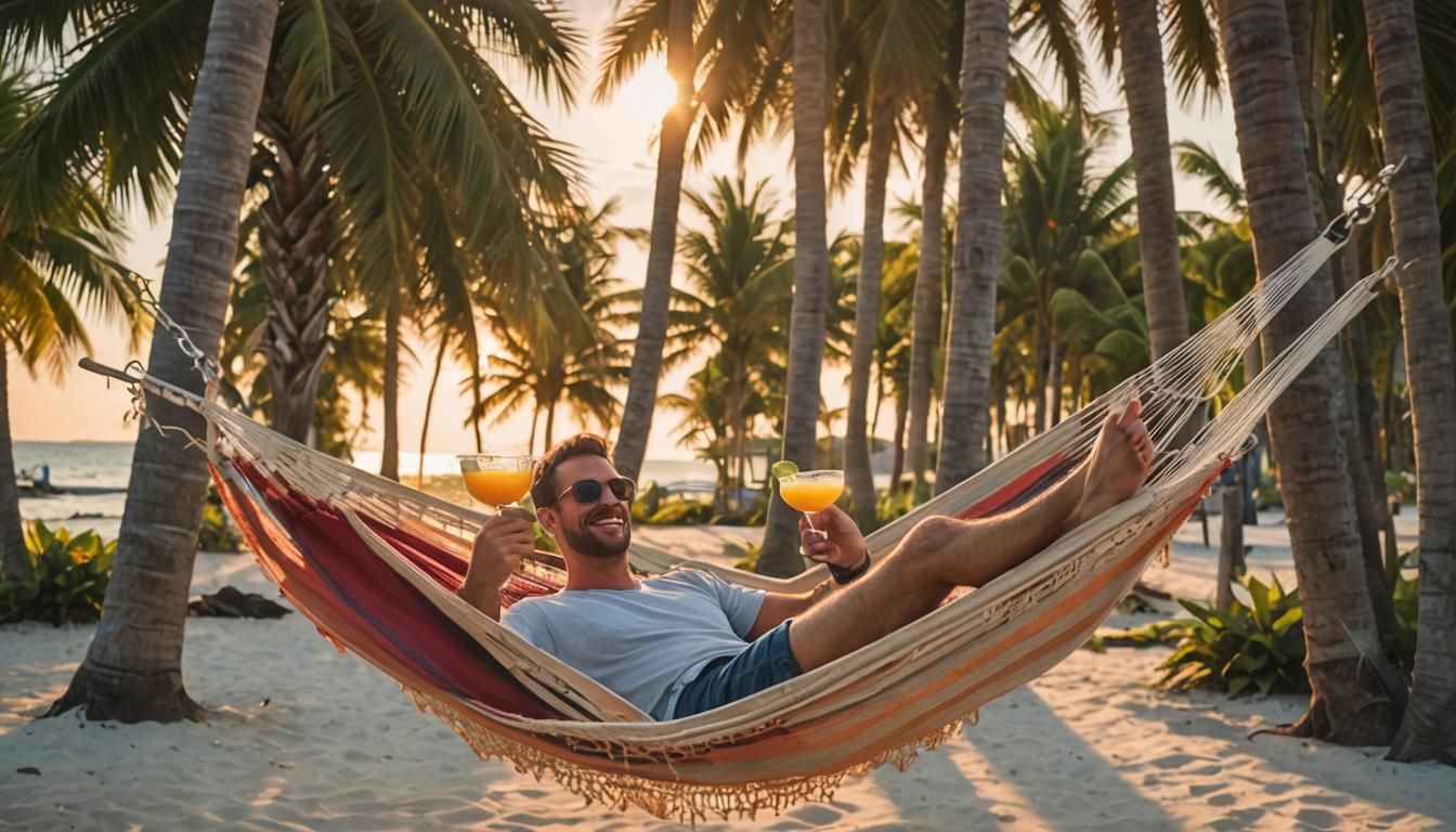 Colorful Island Beach Sunset: Hammock Relaxation