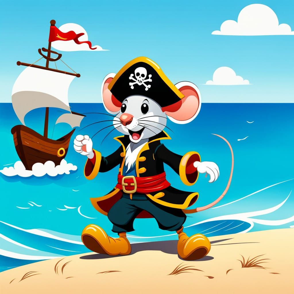 Vibrant Cartoon Pirate Mouse at Sea in a Stormy Weather
