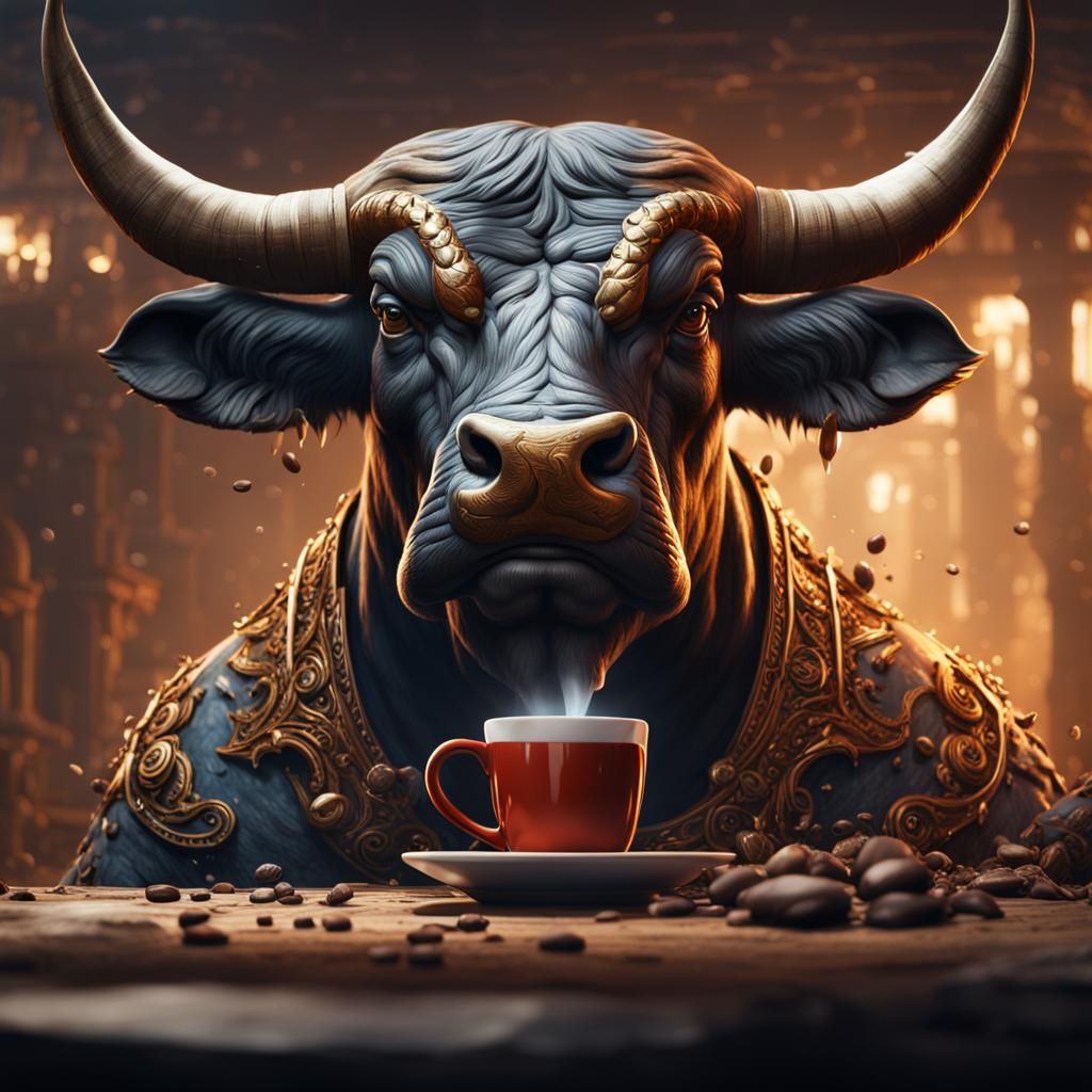Bull Enjoying Coffee: Detailed Fantasy Art