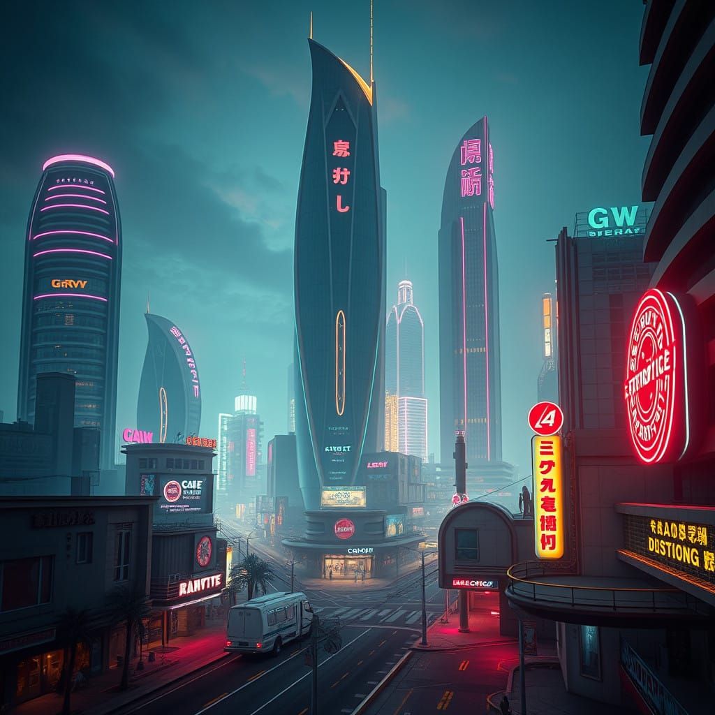 Glamorous Retrofuture Metropolis in Neon-Lit Atompunk Style