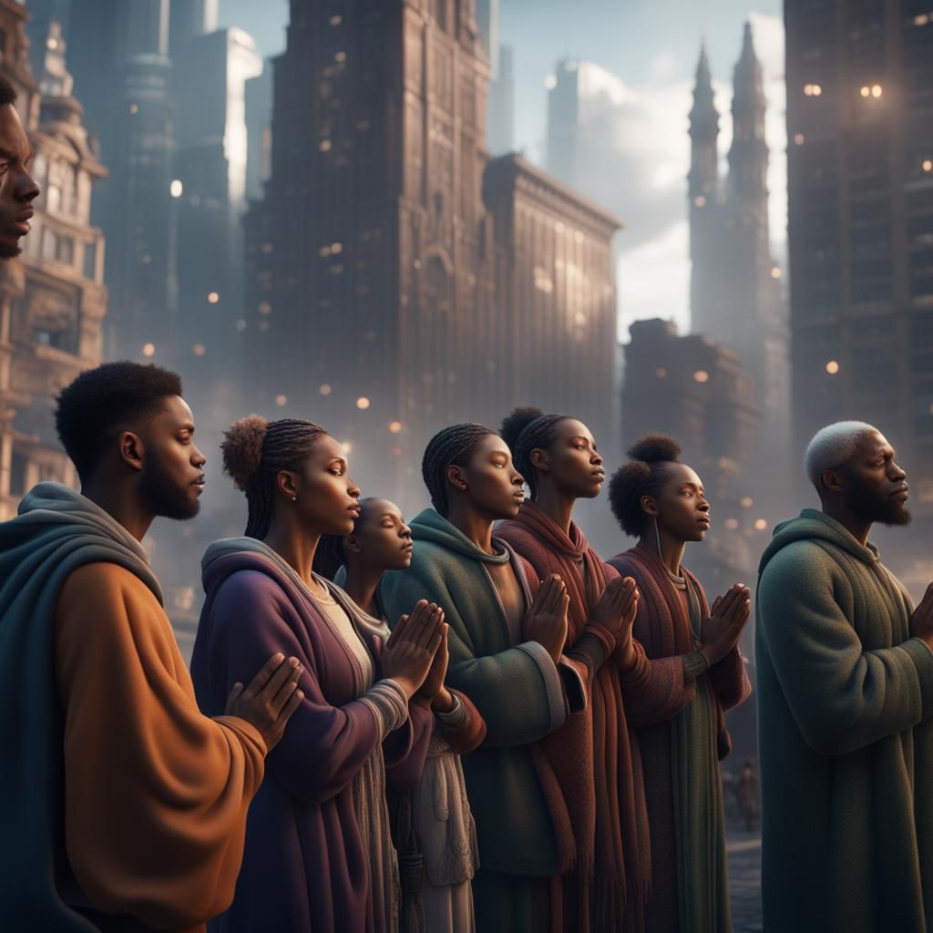 Diverse Group Prayer in City, Detailed Matte Painting