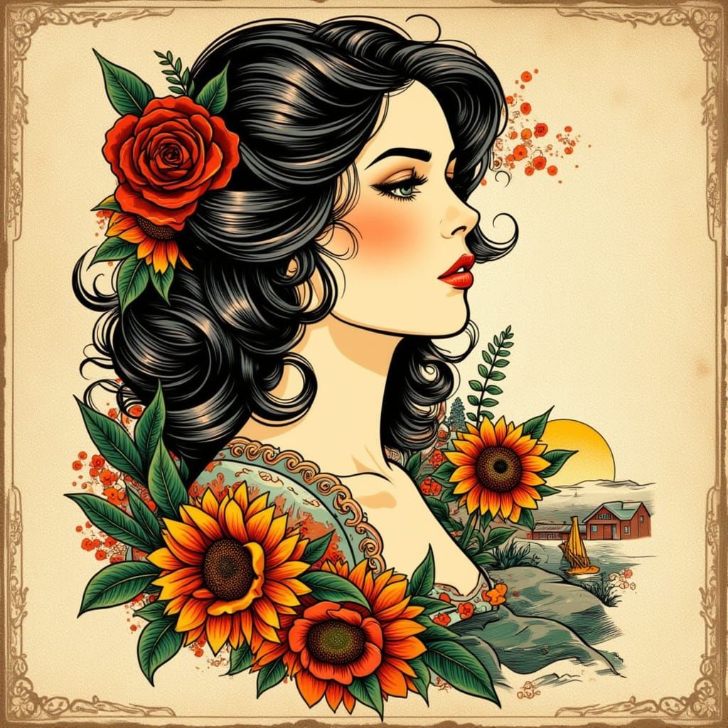 Neo Art Nouveau Woman in Tattoo Style
