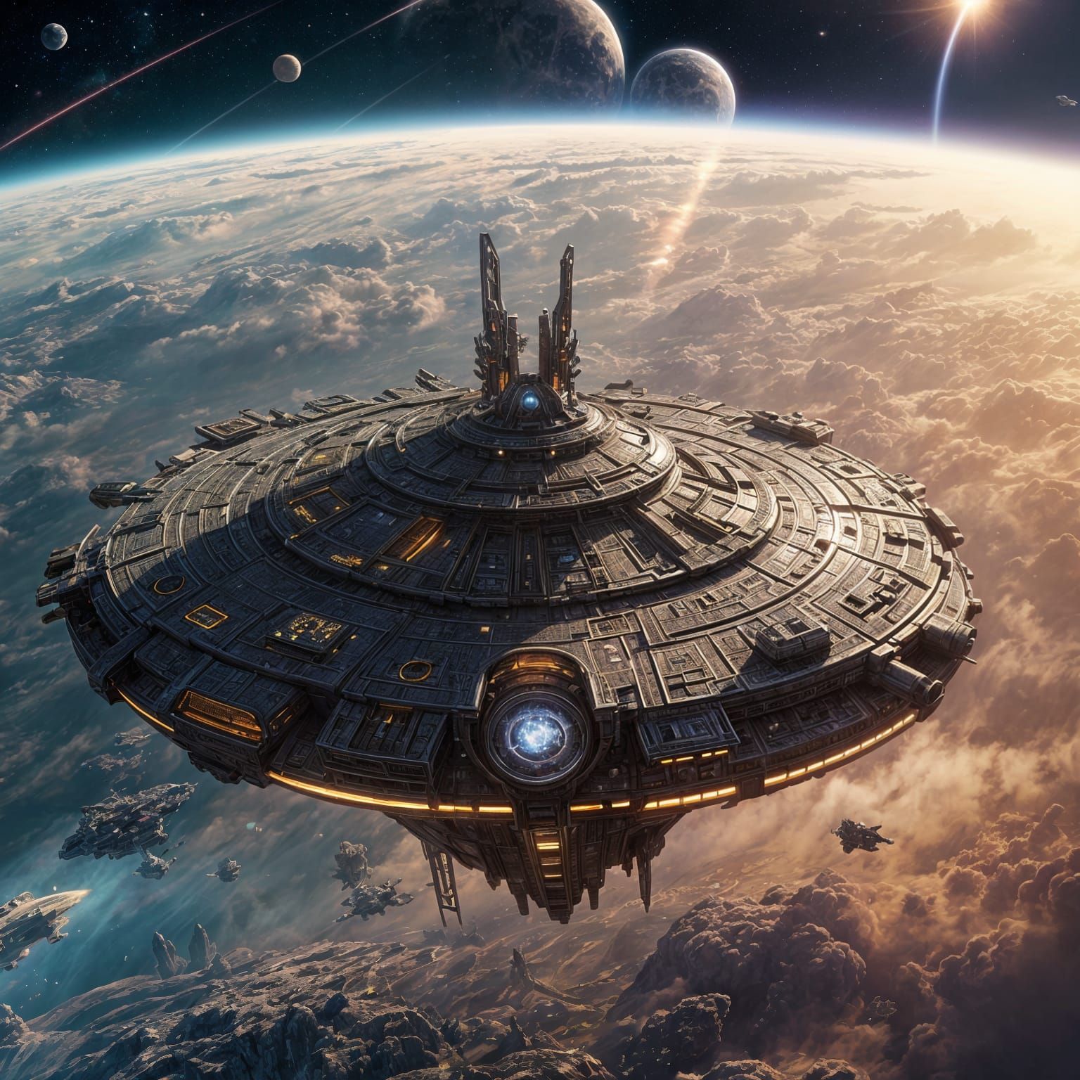 Hyperrealistic Starbase Over Orbiting Planet