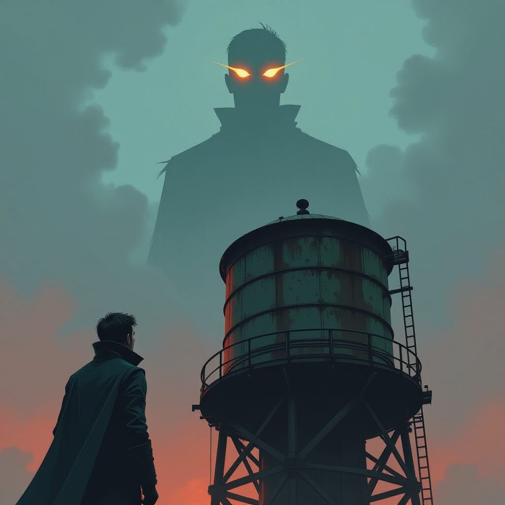 Ominous Watcher on Industrial Water Tower in Digital Art