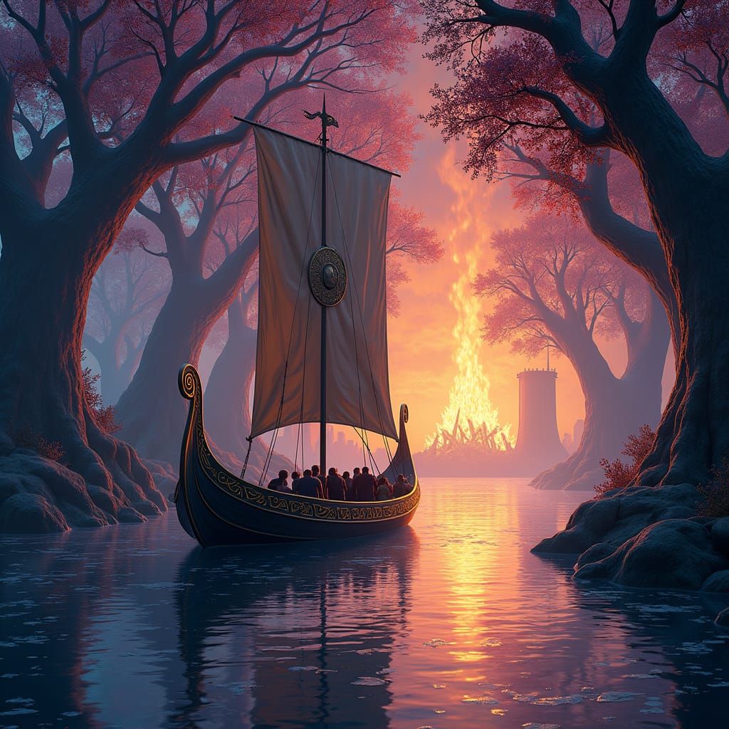 Viking Longship Glides Past Yggdrasil in Sunlight