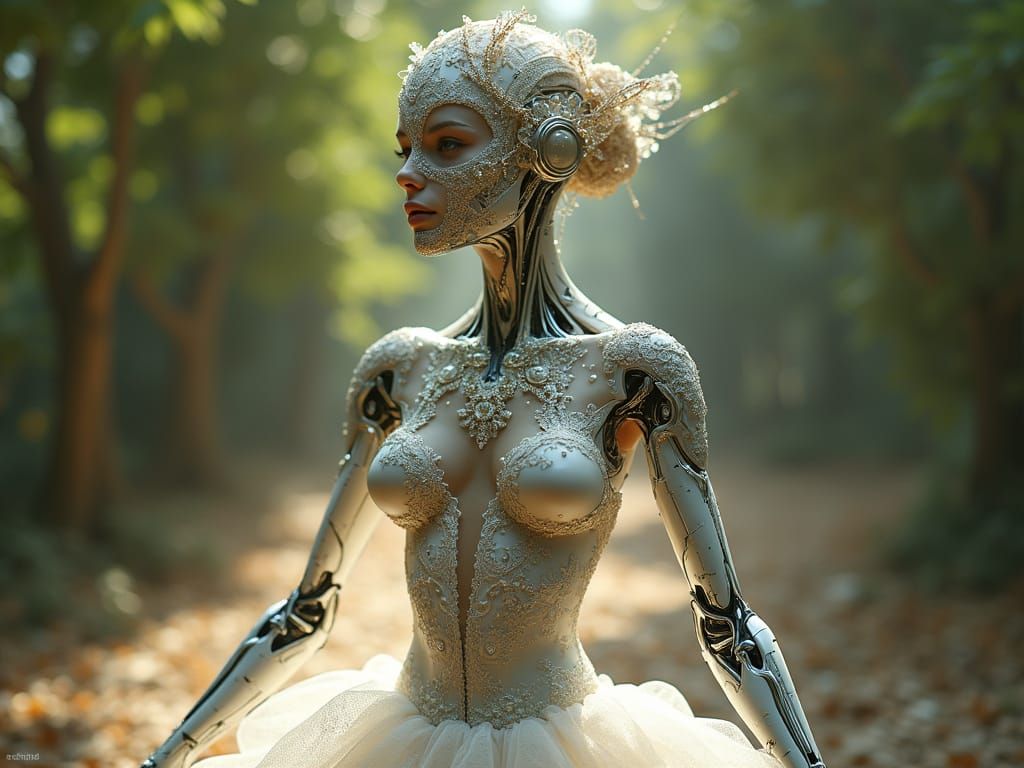 Cybernetic Ballerina in Whimsical Futuristic Setting
