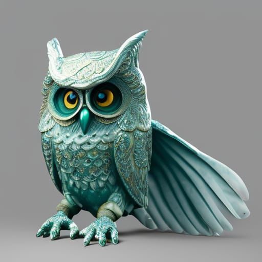 Detailed Marble and Jade Owl Sculpture