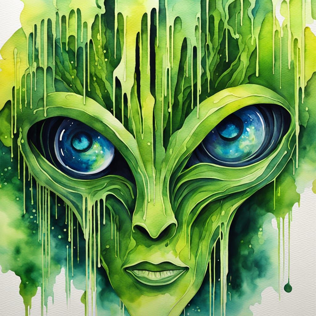 Android Alien Under a Weeping Willow in Watercolor