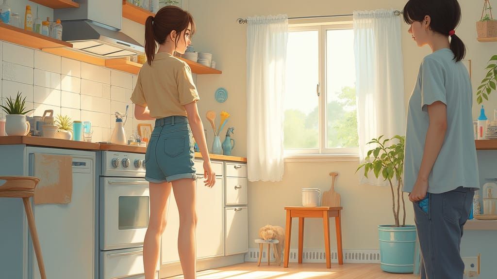 Cozy Kitchen Scene in Watercolor Impressionist Style