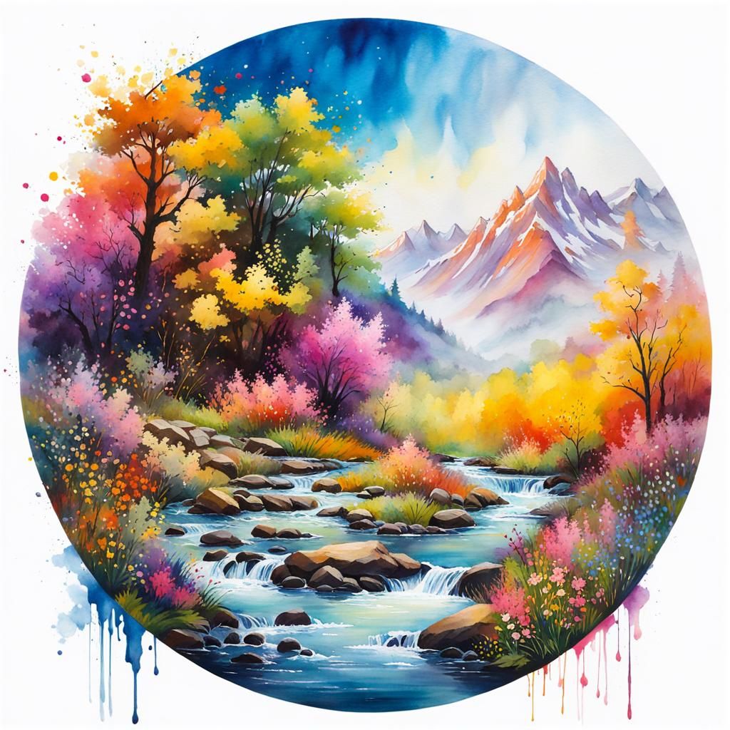 Wildflower River Landscape in Watercolor Style