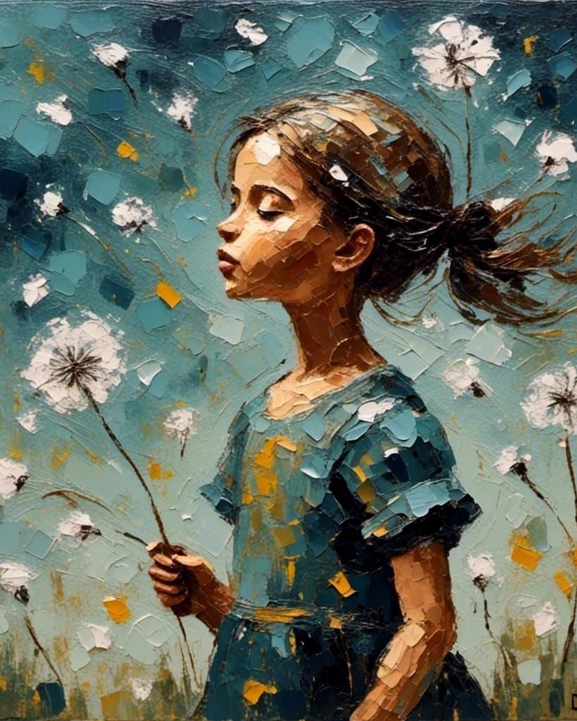 Girl Blowing Dandelions as Impasto Painting