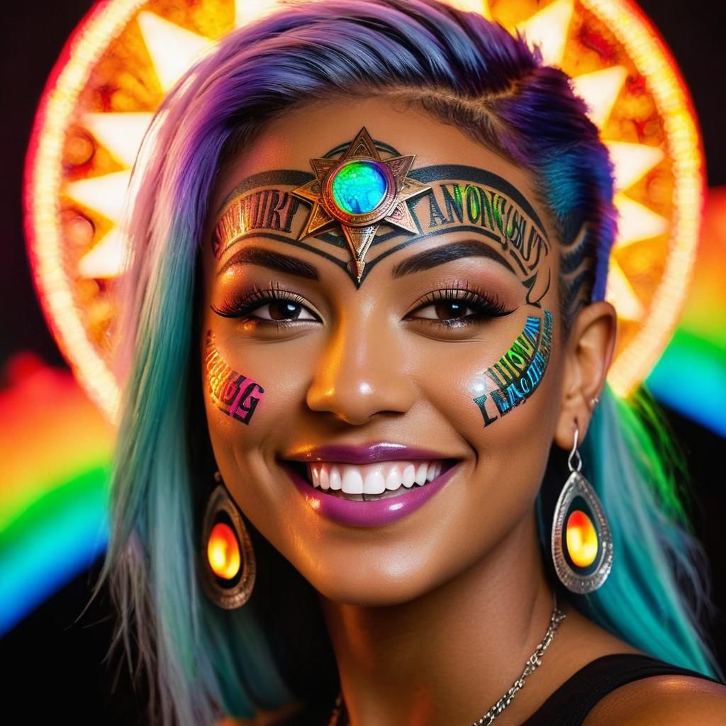 Punk Angel Goddess with Luminous Tattoos, Detailed Close-Up