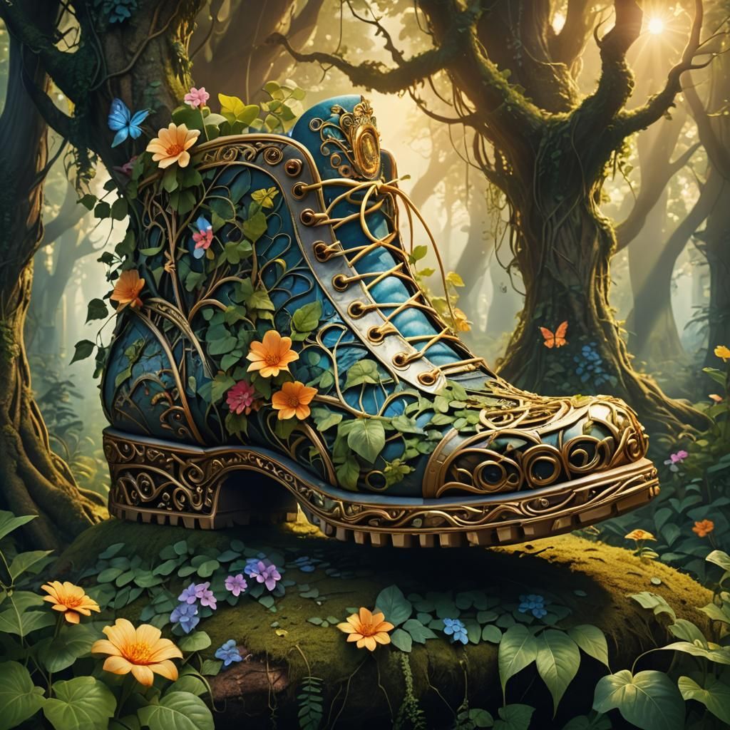 Ornate Shoe in Lush Forest: Surreal Illustration