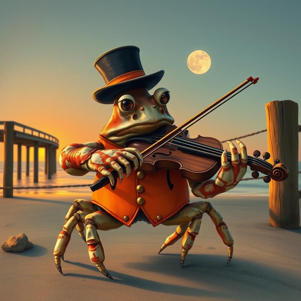 Fiddler Crab Serenade Under Sunset Pier in Ukiyo-e Style