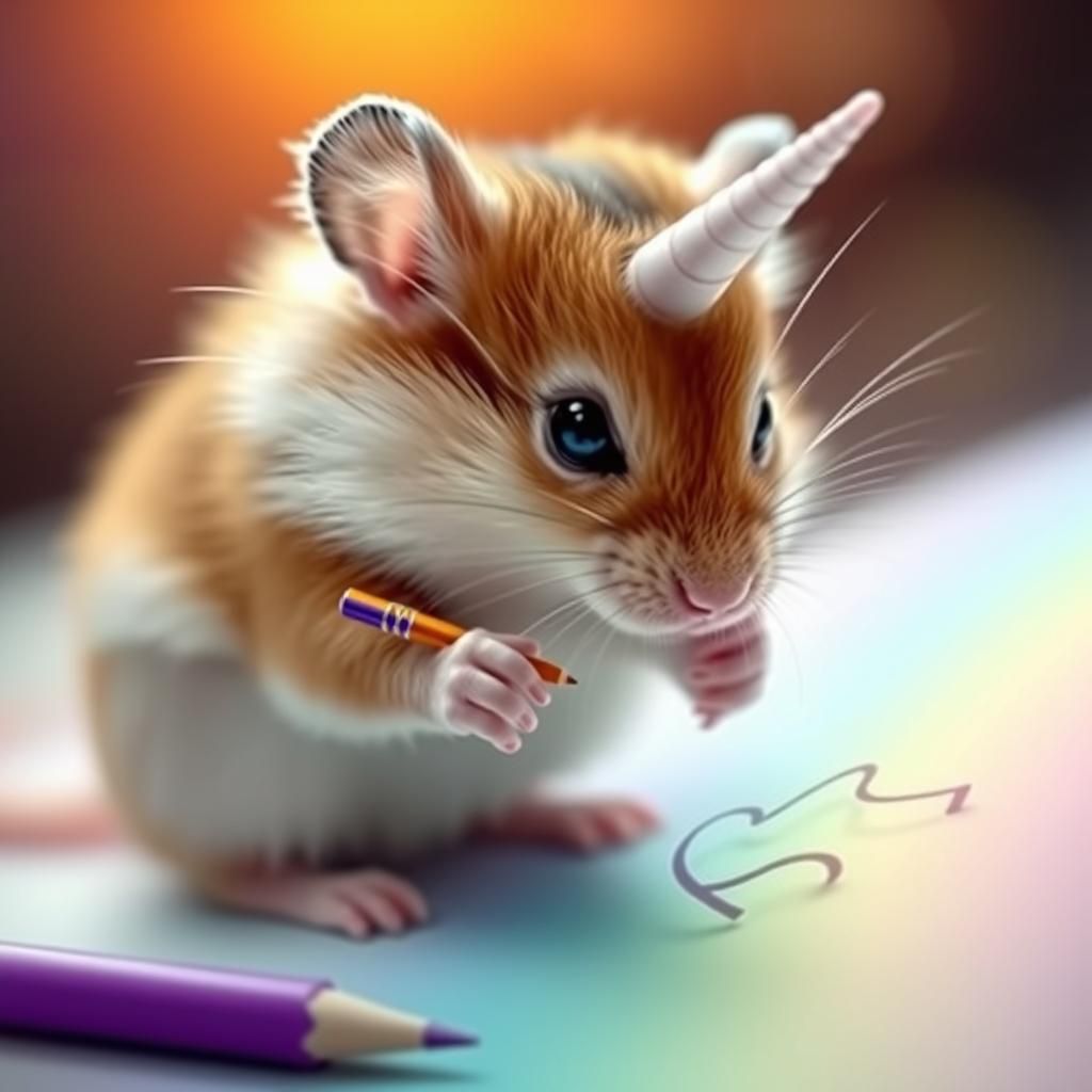 Hamster Riding a Unicorn in Fantasy Setting