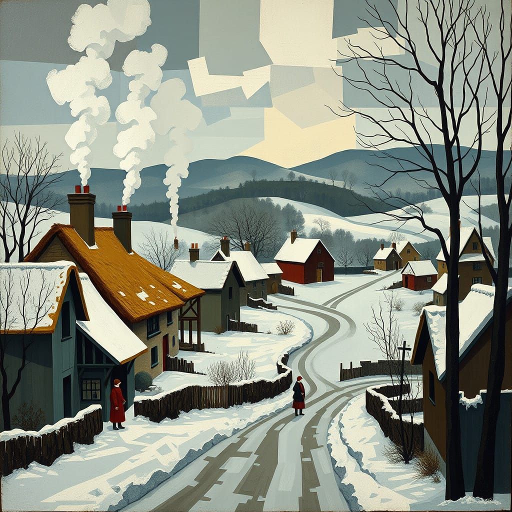 Snowy English Village in Cubist Style