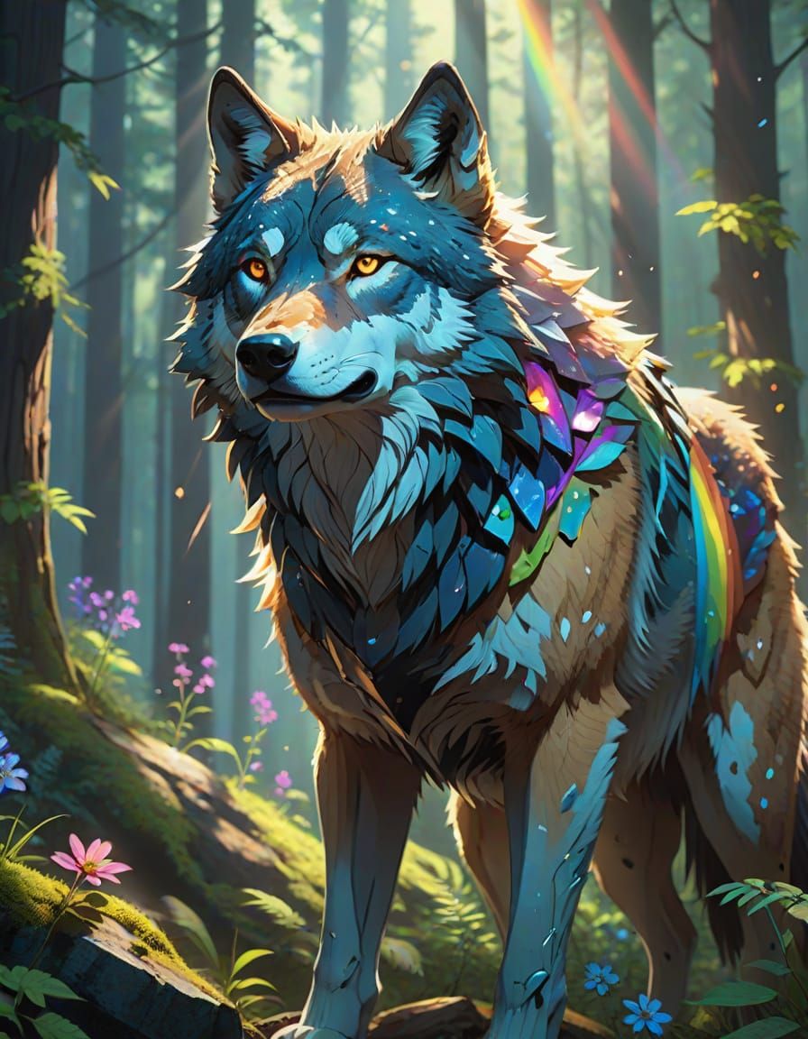 Prismatic Wolf in Light-filled Forest, Fantasy Concept Art