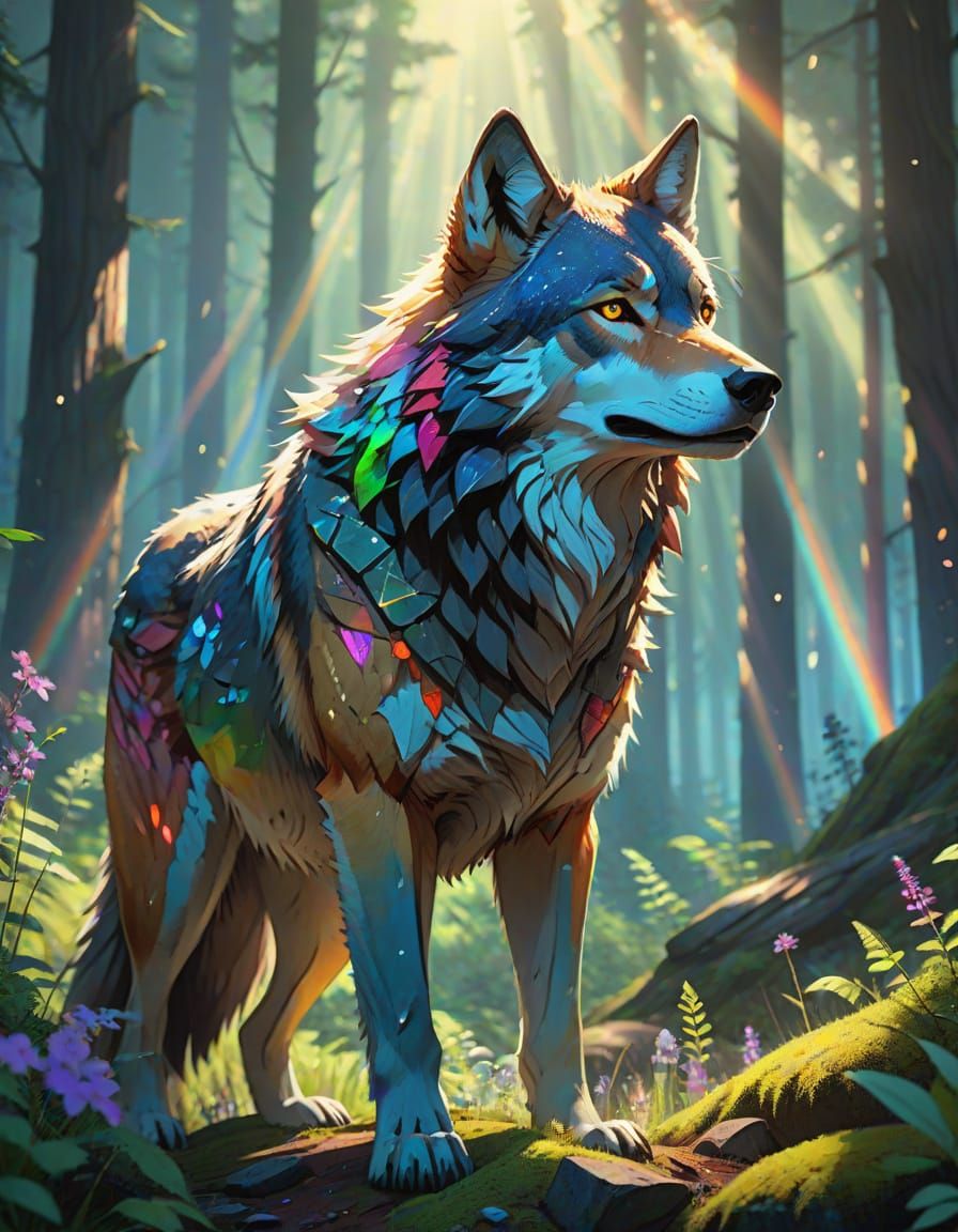 Prismatic Wolf in Forest, Fantasy Concept Art
