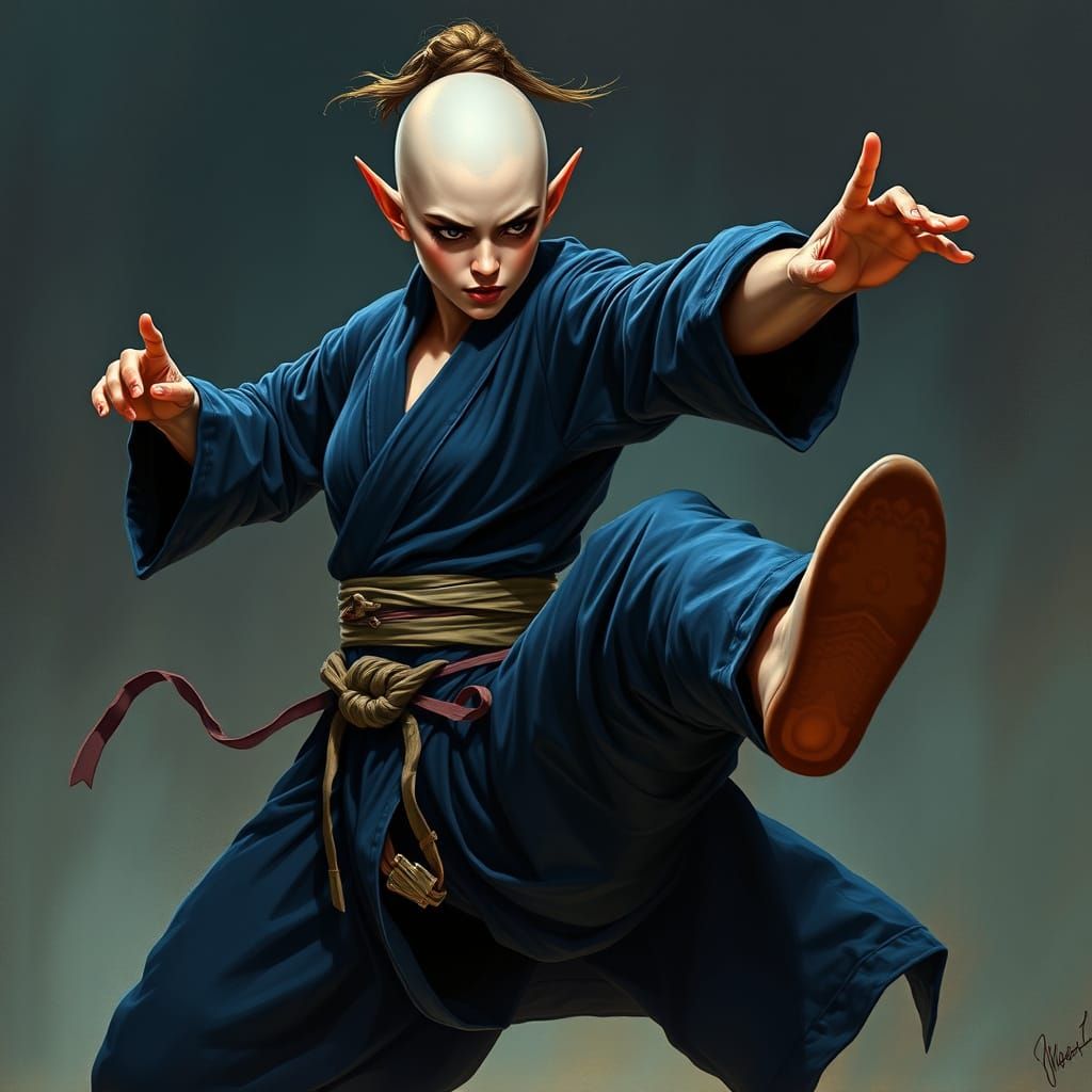 Elf Monk Leaping Kick: Sensual Fantasy Illustration