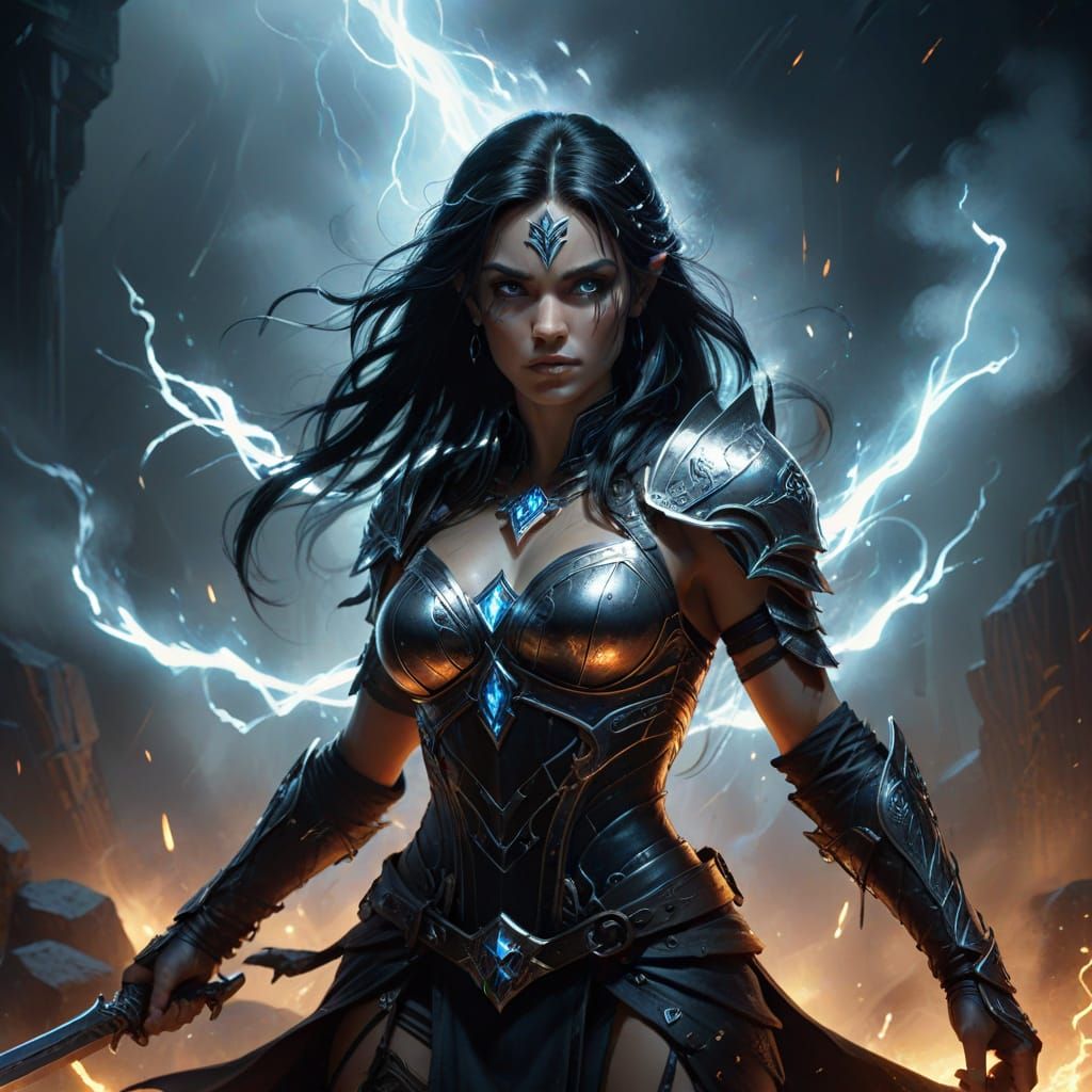 Elven Warrior Goddess in Smoky, Lightning-Filled Scene