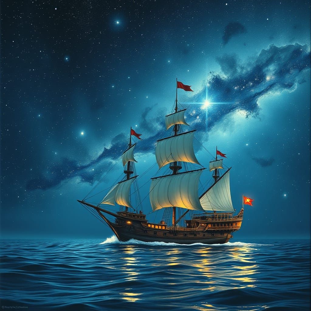 Japanese Ship Drifting Under Starry Night