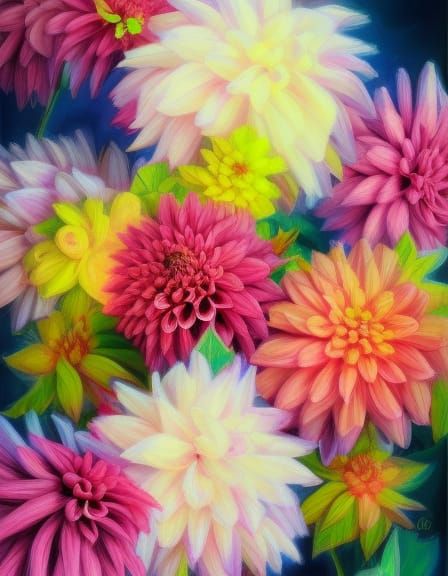 Polychromatic Dahlias Bouquet in Oil Gouache Style