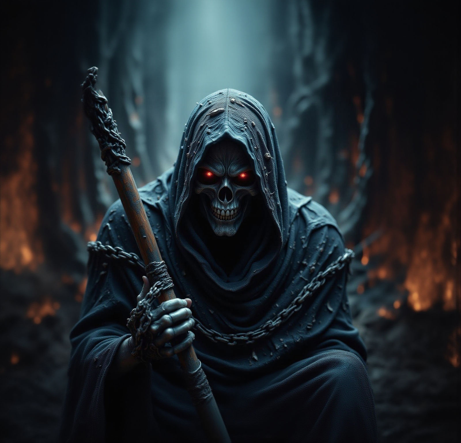 Hyperrealistic Grim Reaper Emerges from Dark Shadows