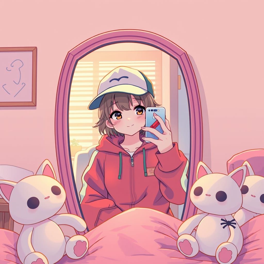 Girl's Bedroom Selfie with Plushies, Dreamy Textures