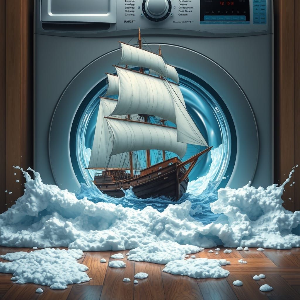 Surreal Sailing Ship Emerges from Washing Machine in Photore...