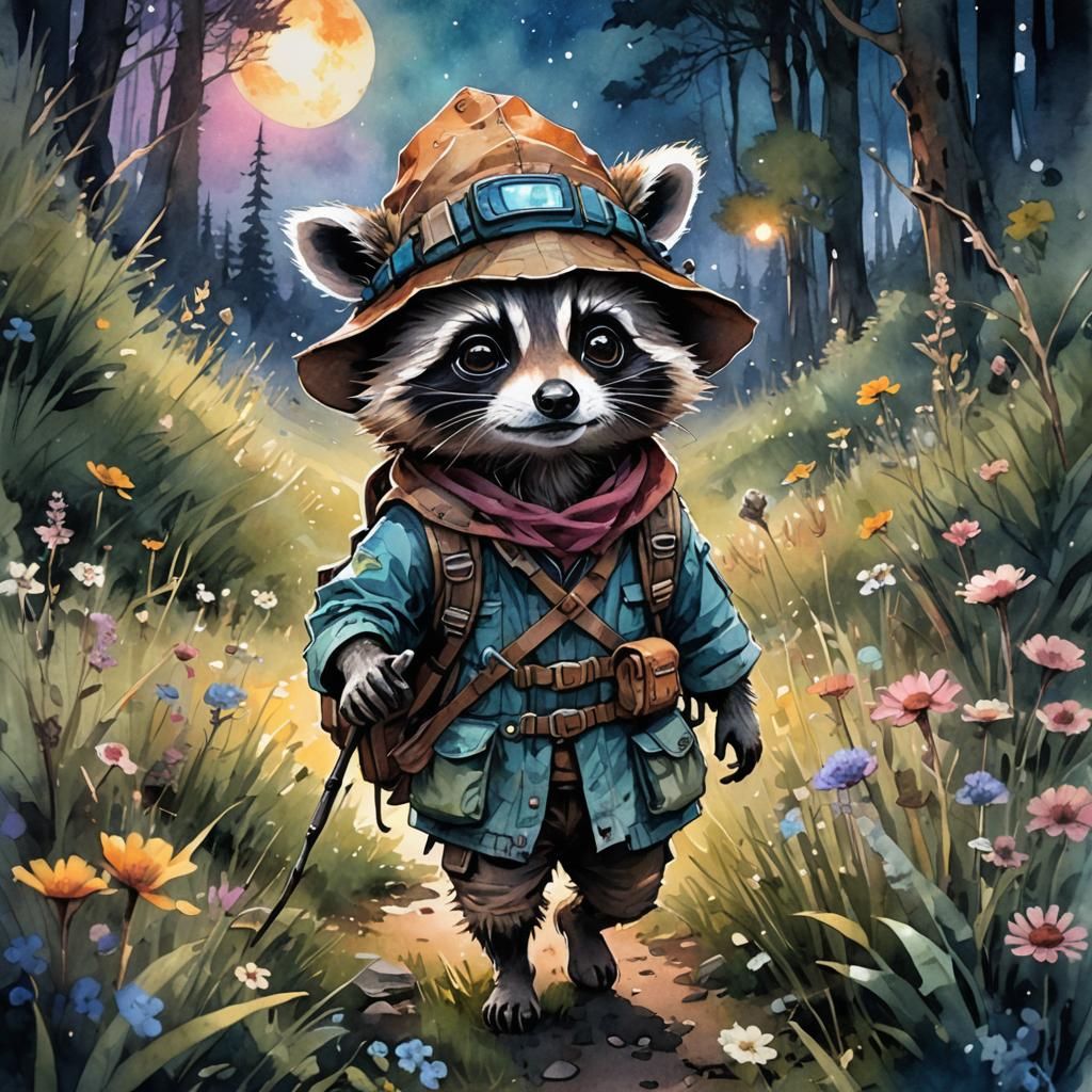 Chibi Raccoon Hiker in Watercolor Style