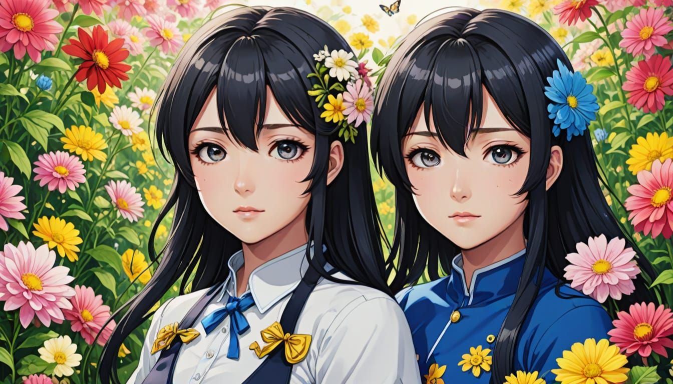Surreal Anime Goddess Amidst Blooming Flowers