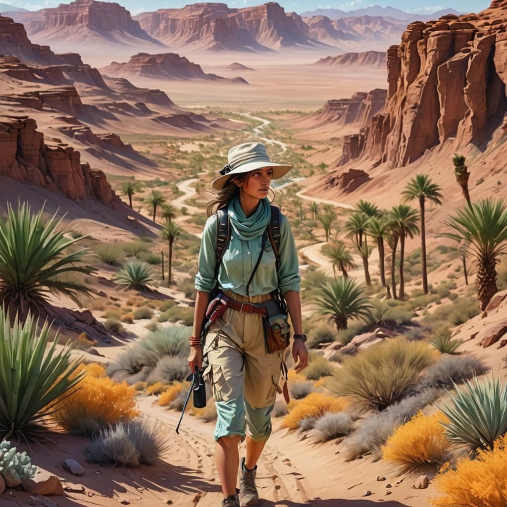 Desert Oasis with Hiker in Watercolor Style