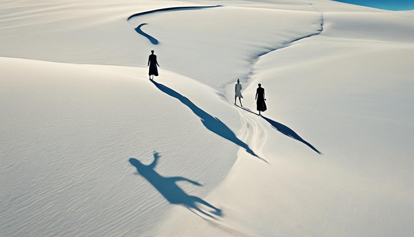 Surreal Figures Chase in Dreamlike Landscape